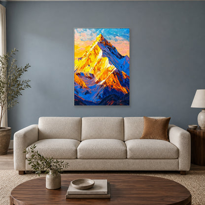 Golden peak and blue slopes in a silver-tone frame above a cream sofa against a slate-blue wall