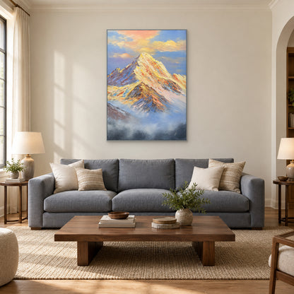 Tableau vertical de montagne et de brume dans un cadre argenté, centré au-dessus d'un canapé gris
