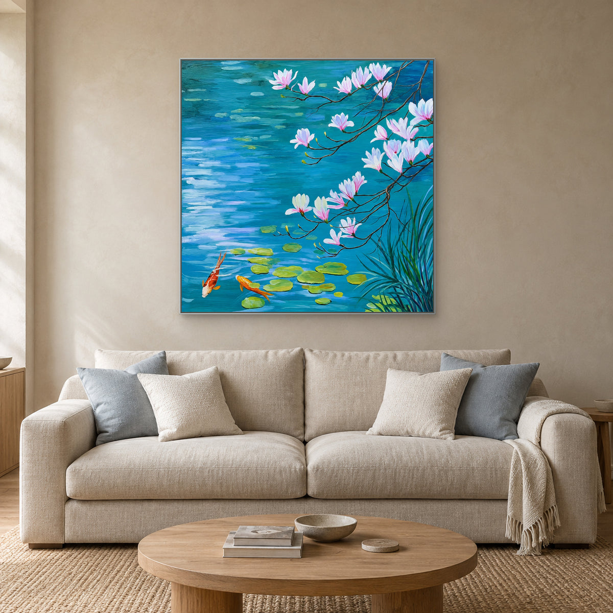 Blue floral pond painting with a silver-tone frame above a pale sofa with blue-grey cushions