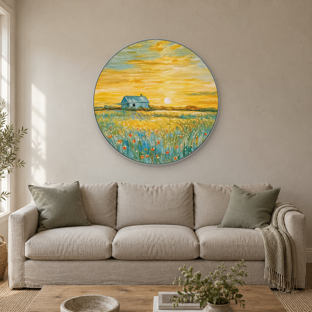 Circular golden meadow painting in a silver-tone frame above a linen sofa with sage cushions