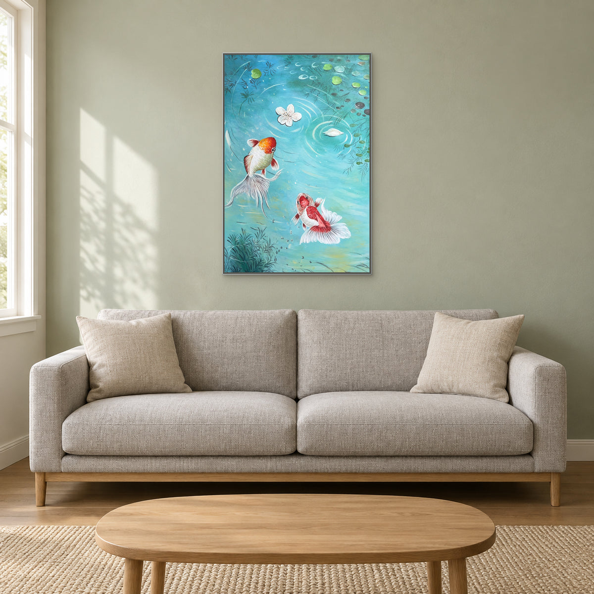 Red and white fish in turquoise water in a silver-look floating frame above a sofa