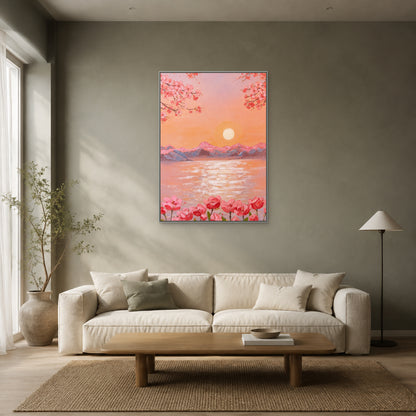 Peach Blossom Sunrise in a slim silver floating frame above a cream sofa on a sage-grey wall