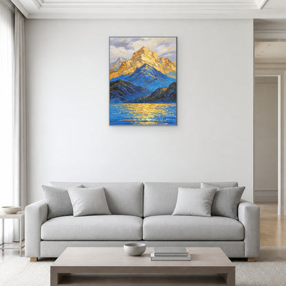 Golden Summit in a slim silver floating frame above a light grey living room sofa