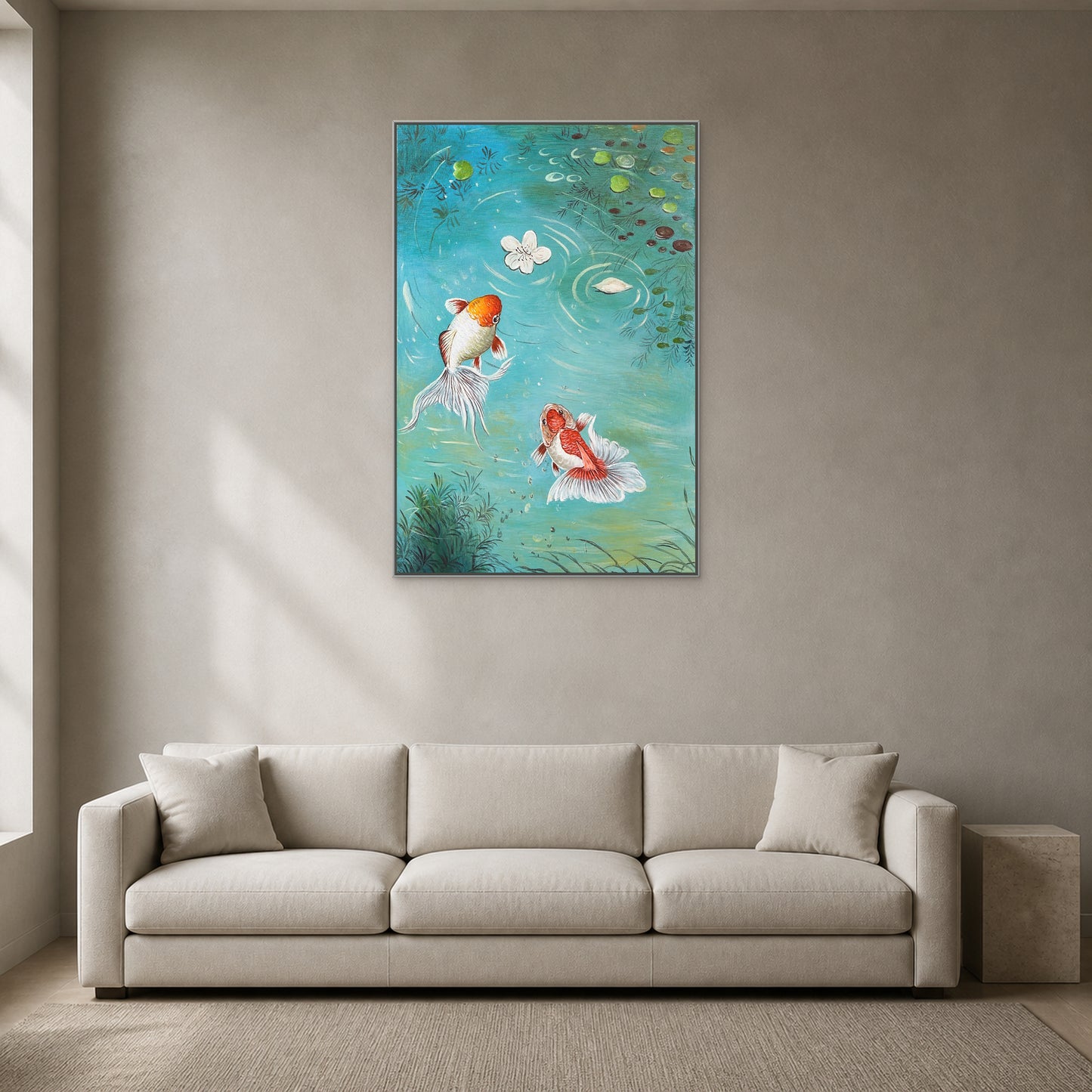 Vertical aqua koi artwork in a thin silver floating frame centred above a light neutral sofa