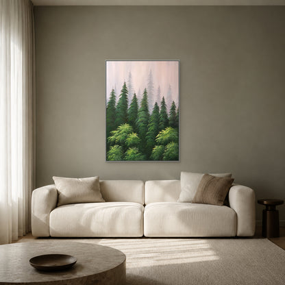 Misty pine forest painting in a slim silver floating frame above a cream sofa on a muted sage-grey wall