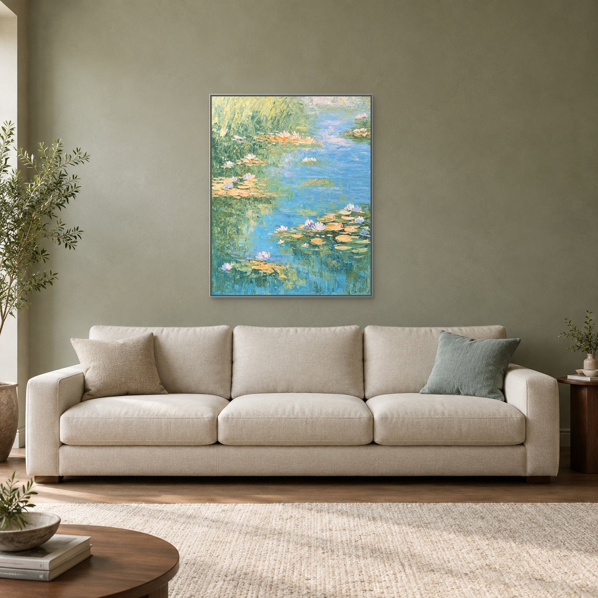 Vertical blue-green pond artwork in a silver-look floating frame above a cream sofa on a sage wall