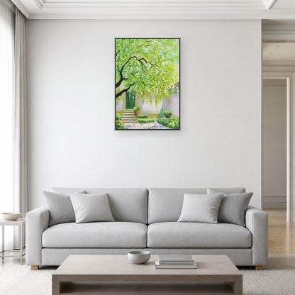 Spring Courtyard in a slim silver floating frame above a light grey living room sofa
