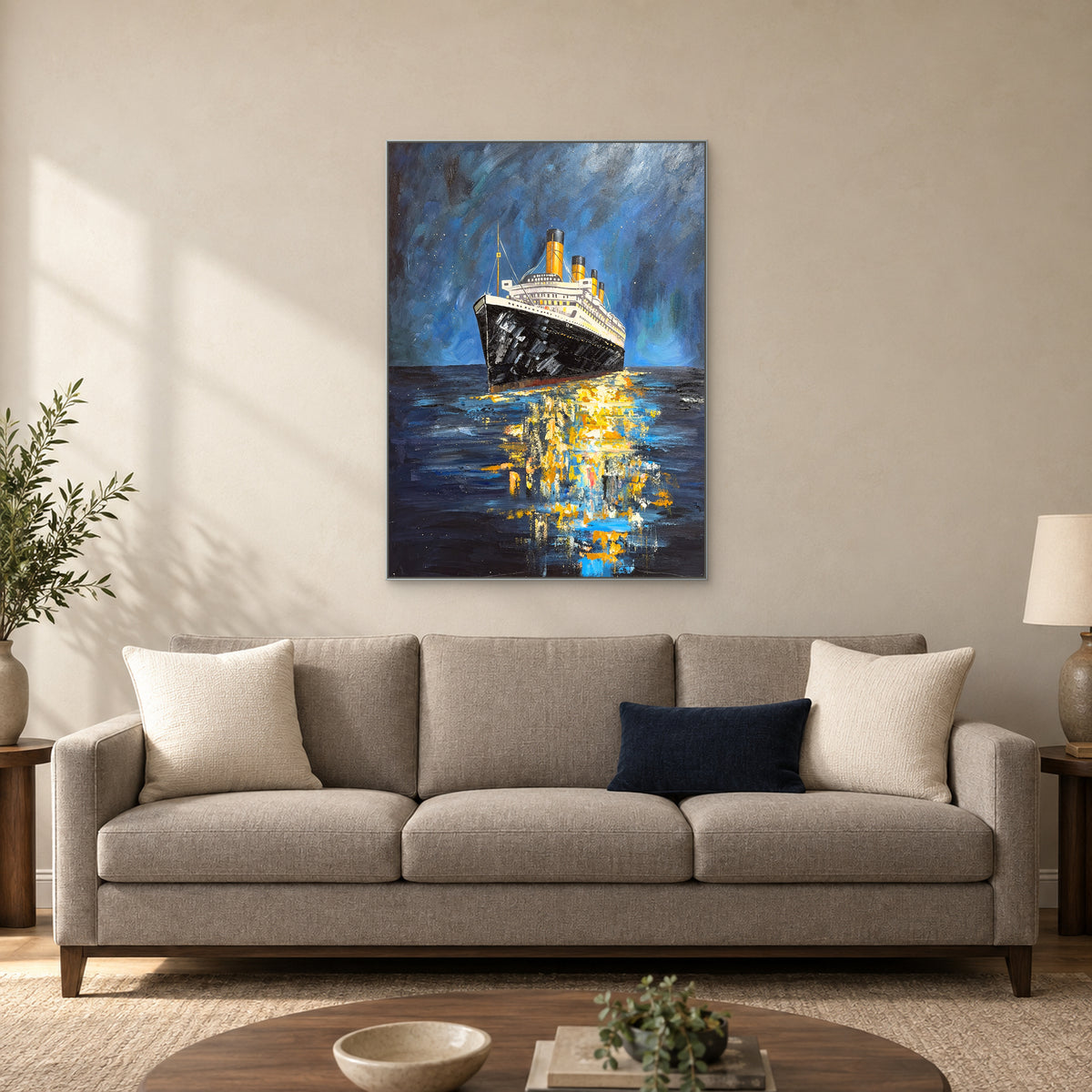 Ocean liner and gold reflections in a silver-toned floating frame centred above a warm grey sofa with a navy cushion