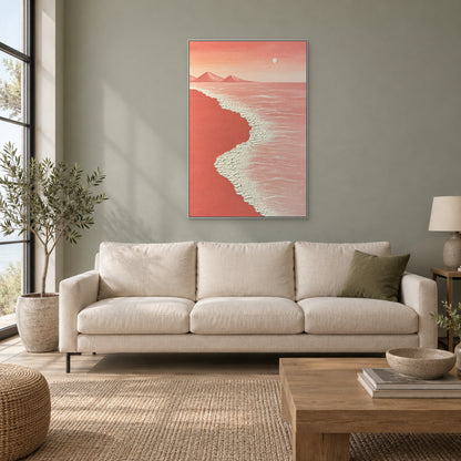 Vertical pink beach painting in a silver-tone floating frame above a cream sofa on a muted green wall