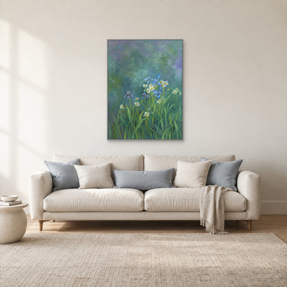Teal floral artwork in a silver-tone frame above a cream sofa with pale blue cushions