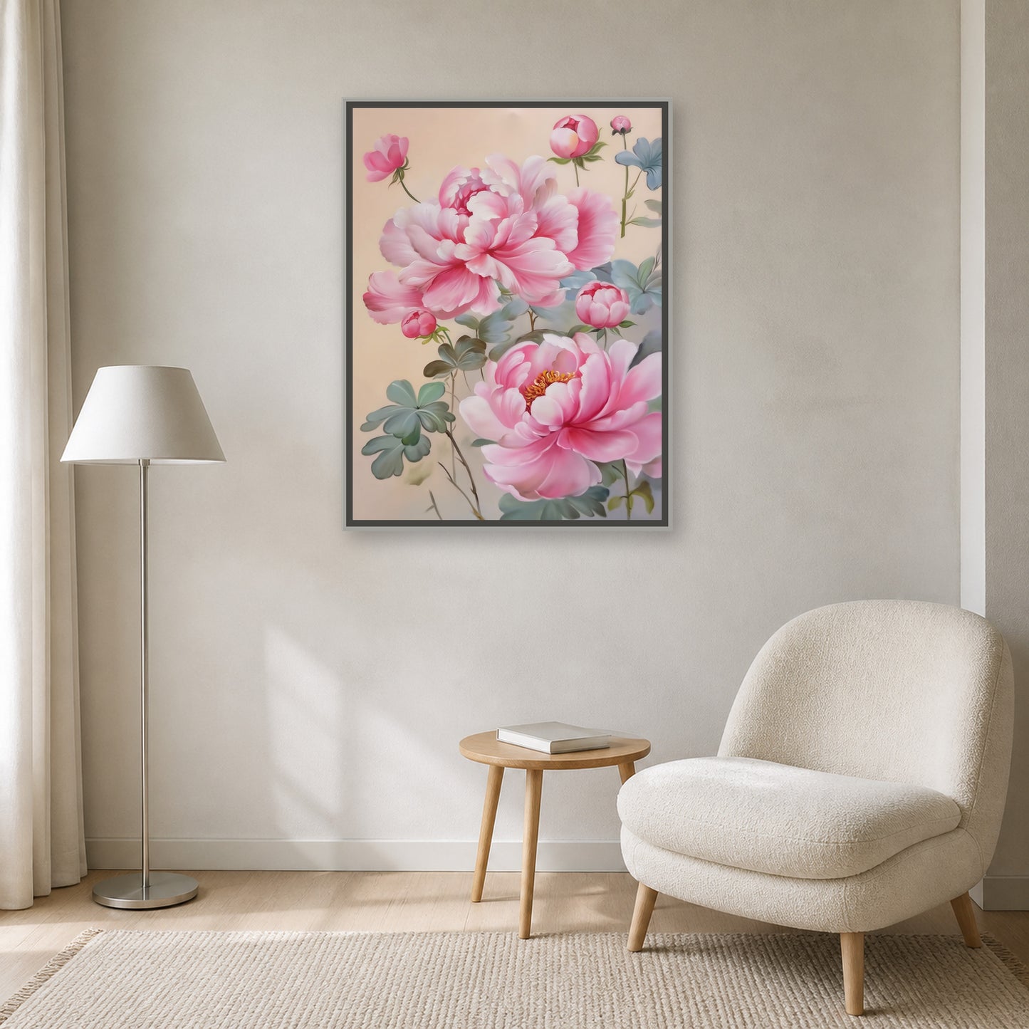 Blush Peonies in a slim silver floating frame beside an ivory reading chair