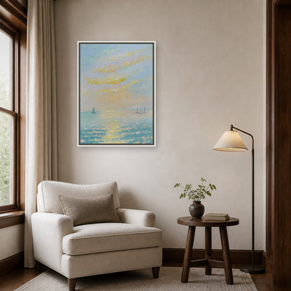 Sails on a Golden Sea in a slim white floating frame beside an ivory reading chair