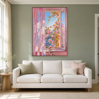 Roses at the Open Window in a slim champagne floating frame above an ivory sofa on a sage wall