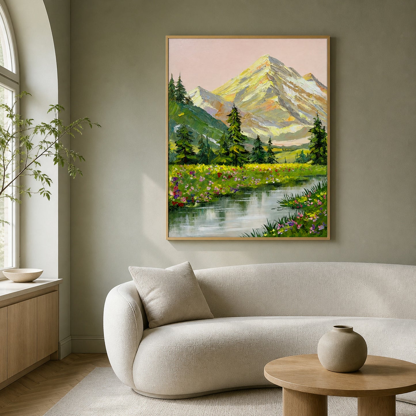 Sunlit Alpine Meadow mountain wall art above a curved sofa on a sage green wall