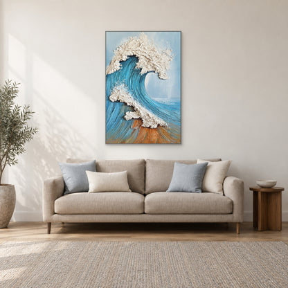 Sculpted Wave in a silver-tone floating frame above a cream sofa