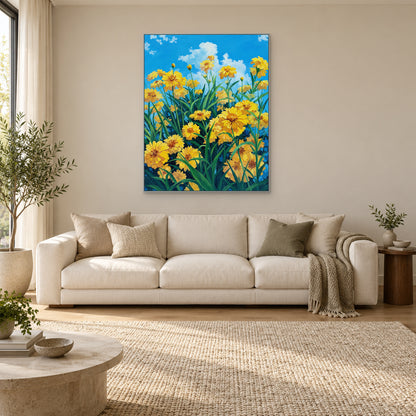 Green and yellow meadow artwork in a silver-tone frame centred over a pale sofa