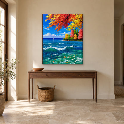 Paysage côtier automnal vertical dans un cadre ton noyer, centré au-dessus d’une console d’entrée étroite