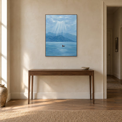 Portrait lake landscape in a walnut-toned floating frame above a narrow wooden entry console