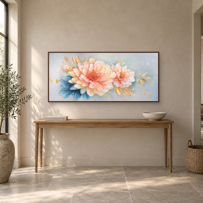 Pink peonies and blue leaves in a walnut-toned floating frame above a slender wooden entryway console