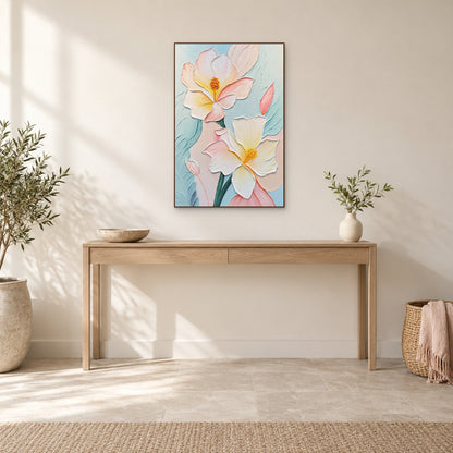 Deux grandes fleurs claires dans un cadre couleur noyer, au-dessus d’une console avec coupe en pierre et vase ivoire