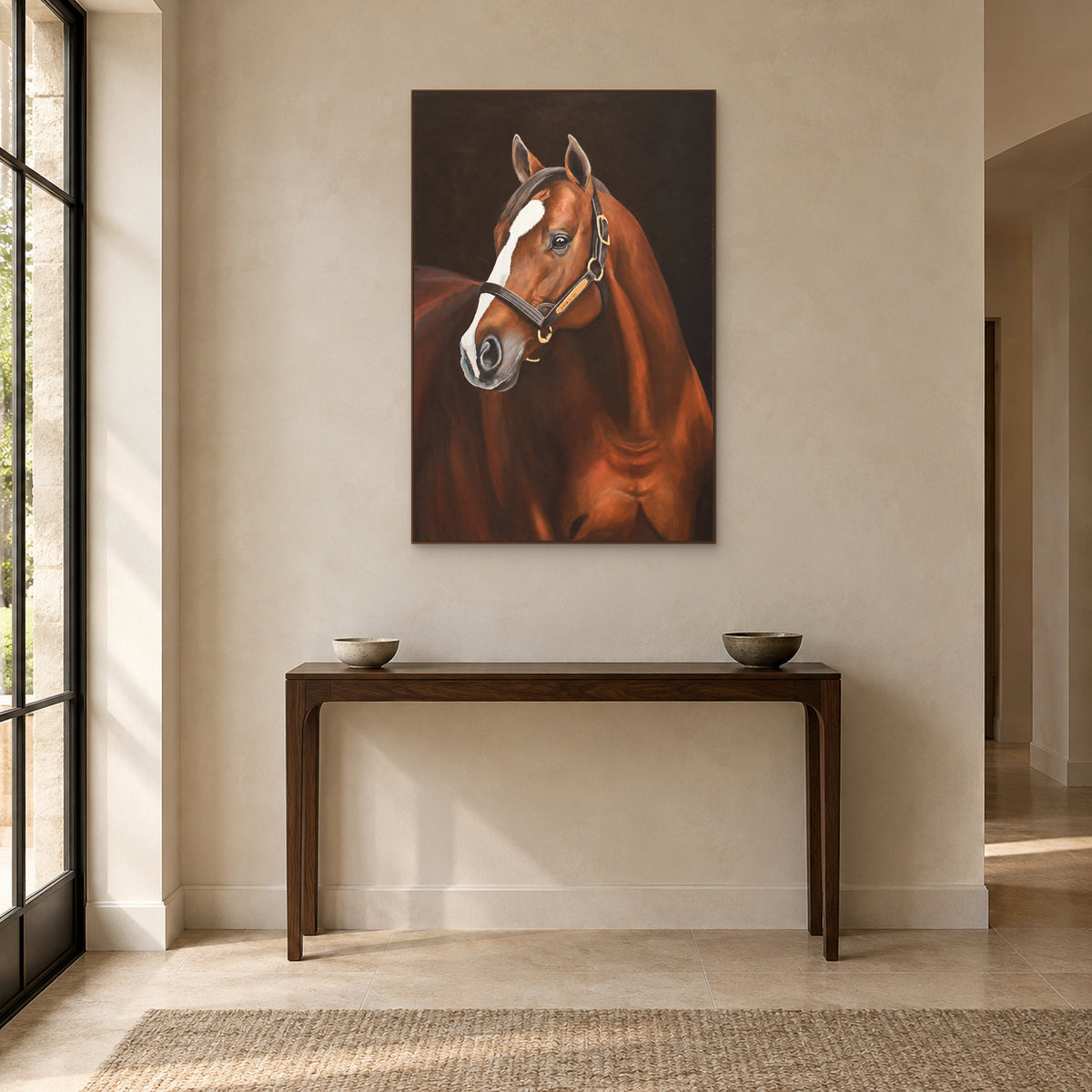 Dark-ground horse painting in a walnut-tone frame above a slim entryway console
