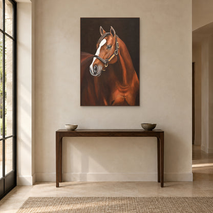 Dark-ground horse painting in a walnut-tone frame above a slim entryway console