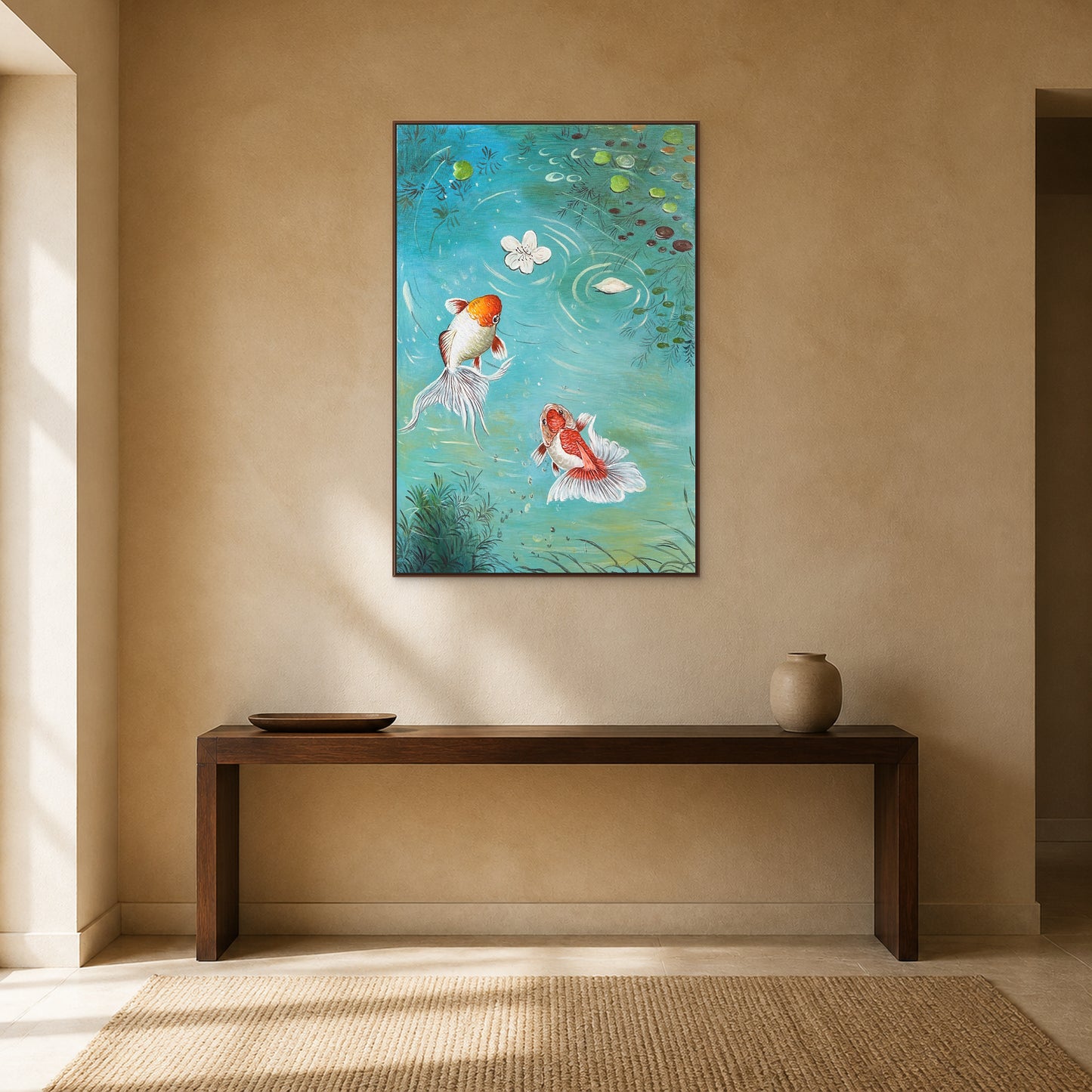 Turquoise and coral koi painting in a thin walnut floating frame above an entryway console
