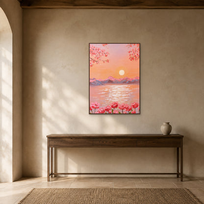 Peach Blossom Sunrise in a slim walnut floating frame above a low walnut entryway console