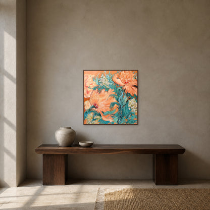 Jardin de pivoines corail dans un fin cadre flottant en noyer au-dessus d’une console foncée sur un mur d’entrée gris argile