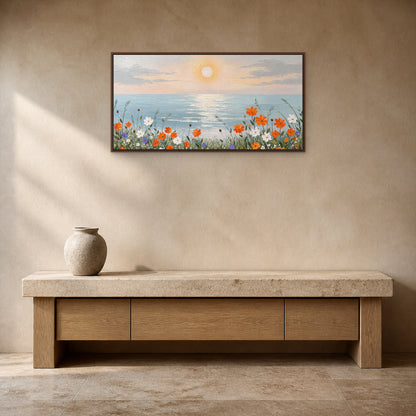 Fleurs du rivage au lever du soleil dans un fin cadre flottant en noyer au-dessus d’une console en travertin et chêne sur un mur beige taupe