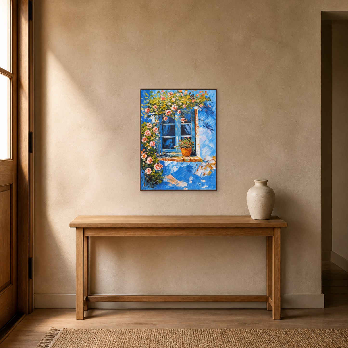 Fenêtre bleue en fleurs dans un fin cadre flottant en noyer au-dessus d’une console d’entrée chaleureuse