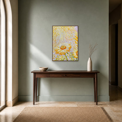 Sunflowers in Golden Light in a slim walnut floating frame centred above a four-leg console on a muted blue-green wall