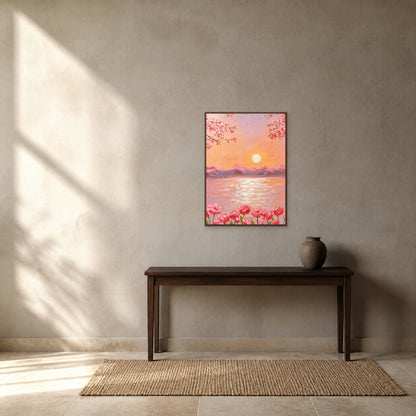 Cherry Blossom Sunset Lake in a slim walnut floating frame above a console on a warm mineral-grey entryway wall