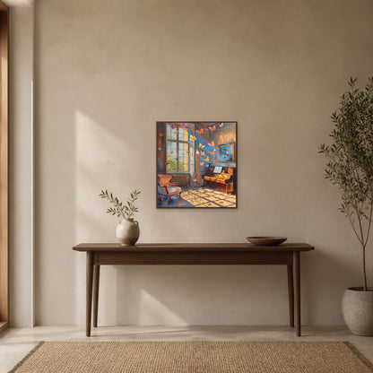 Butterflies in the Music Room in a slim walnut floating frame above a console in a warm stone entryway
