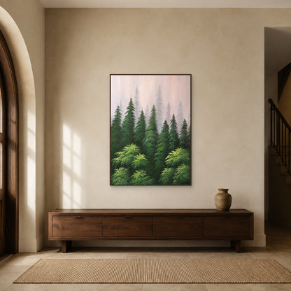 Misty pine forest painting in a slim walnut floating frame above a low walnut entryway console