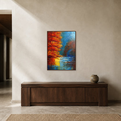 Tableau d’arbres rouges d’automne dans une fine caisse américaine noyer au-dessus d’une console d’entrée