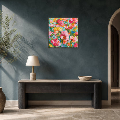 Floral Abundance in a slim walnut floating frame above a dark oak console on a deep blue-green entryway wall