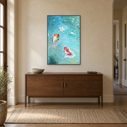 Vertical fish painting in a walnut-look floating frame above an entrance cabinet