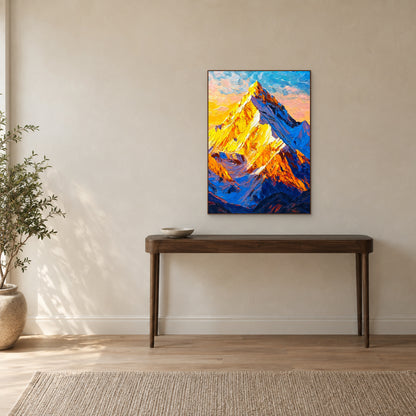 Golden mountain painting in a walnut-tone frame aligned above a slender dark wood entrance console