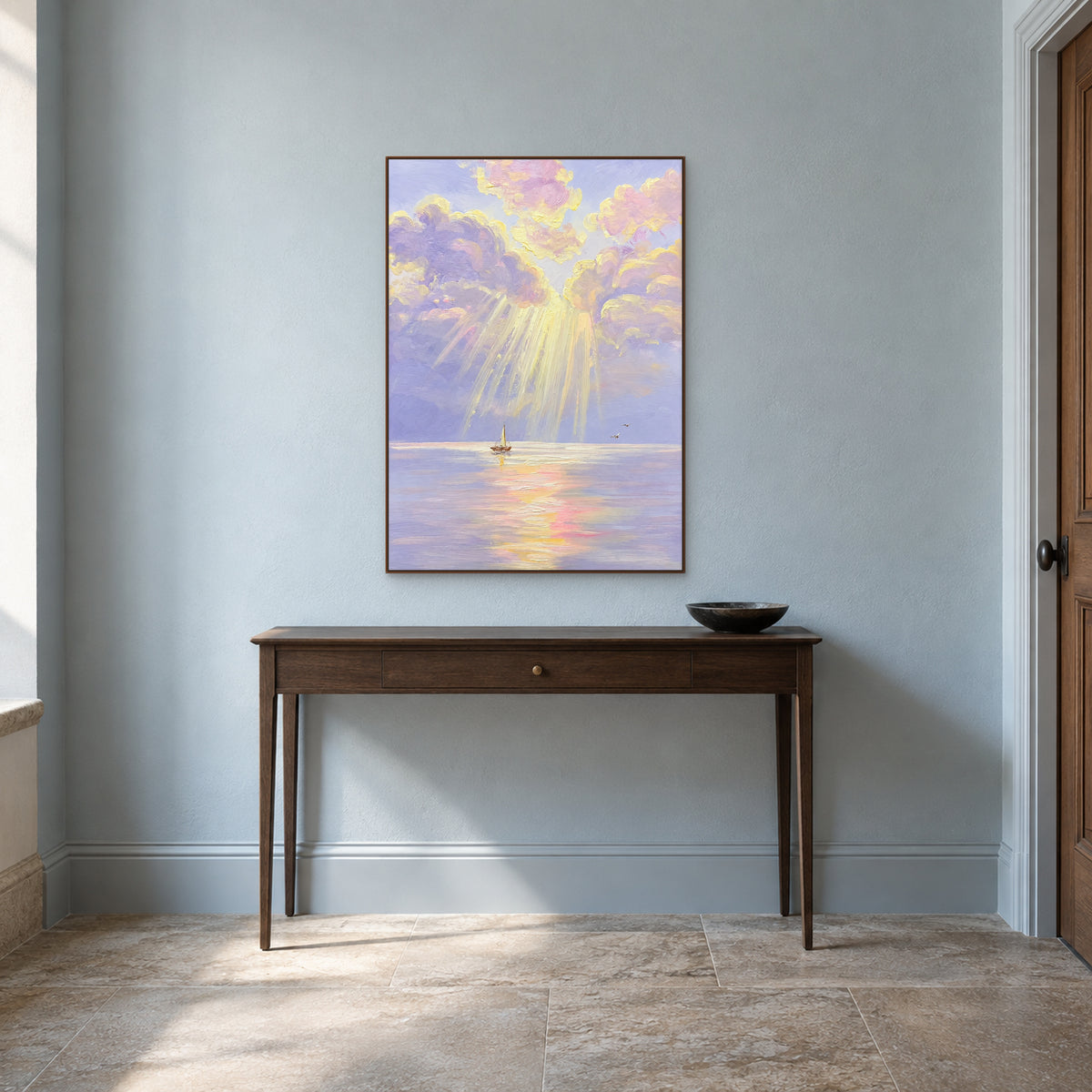 Lilac Rays in a walnut-look frame above a slim wooden console against a pale blue entryway wall.