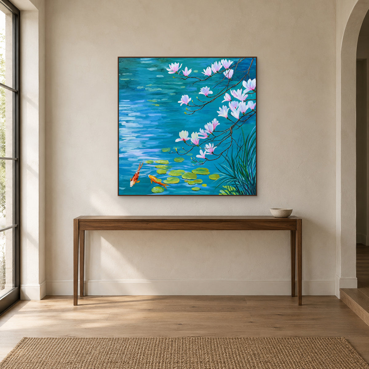 Magnolia branches, lily pads and koi in a walnut-tone frame above a narrow wooden entryway console