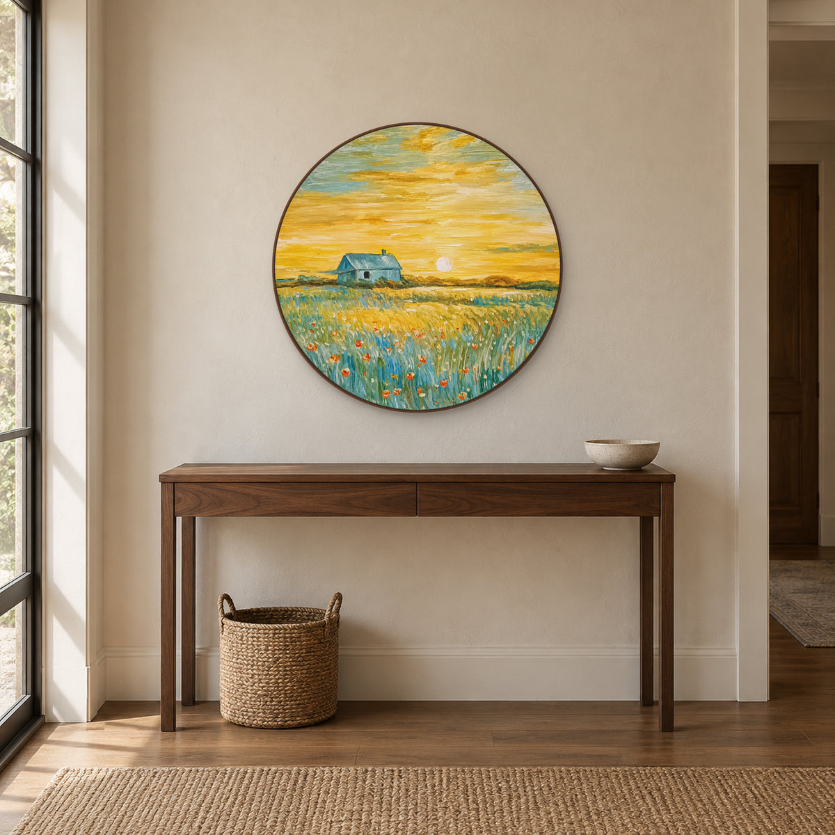 Cottage and meadow painting in a round walnut-tone frame above a slender entryway console