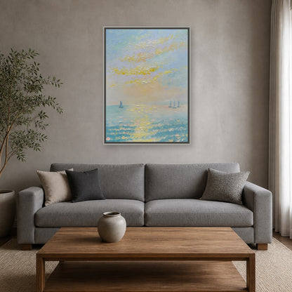 Sails on a Golden Sea in a slim silver floating frame above a grey living room sofa