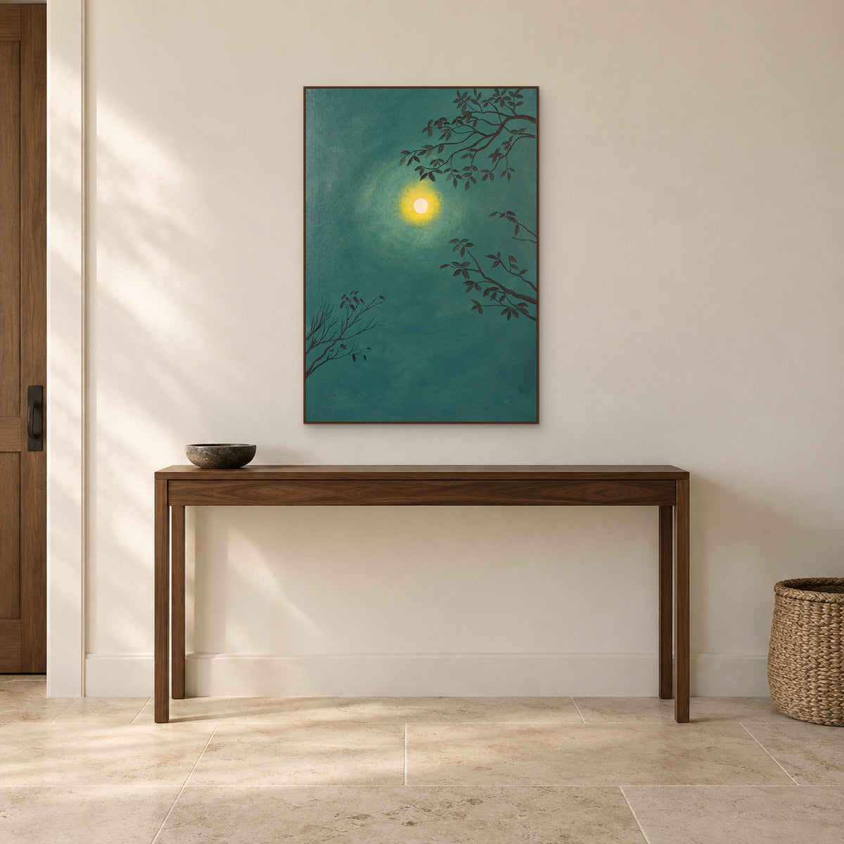 Moonlit Branches in a walnut-tone floating frame above an entryway console