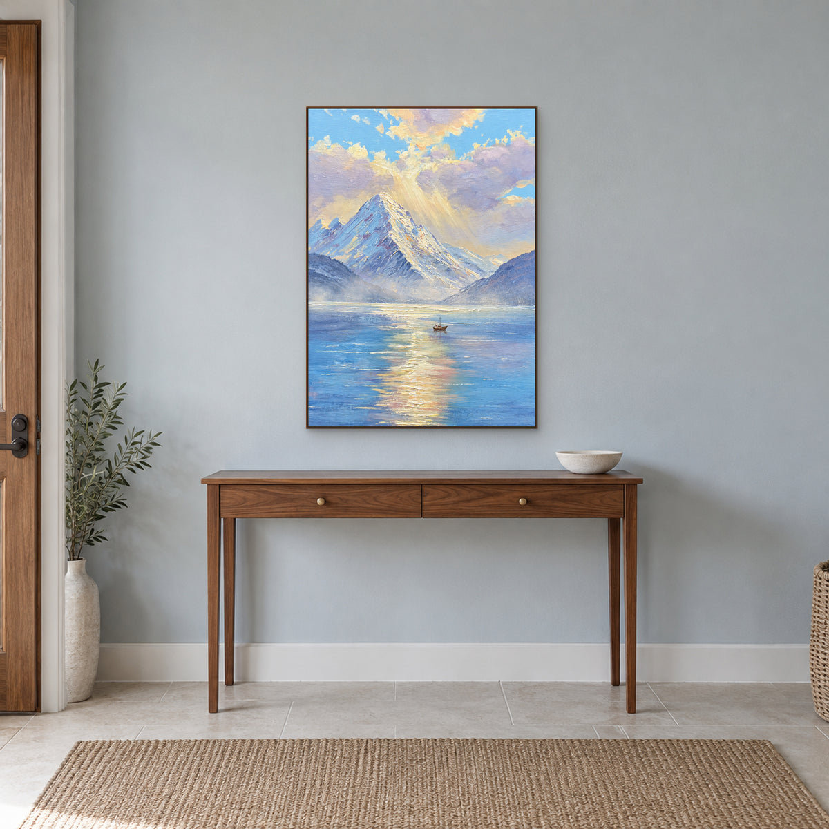 Paysage vertical de lac et montagne, cadre flottant couleur noyer au-dessus d’une console d’entrée