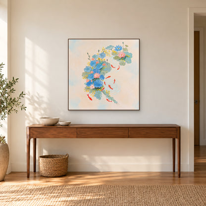 Tableau de bassin aux lotus pastel dans un cadre ton noyer au-dessus d’une console d’entrée en bois