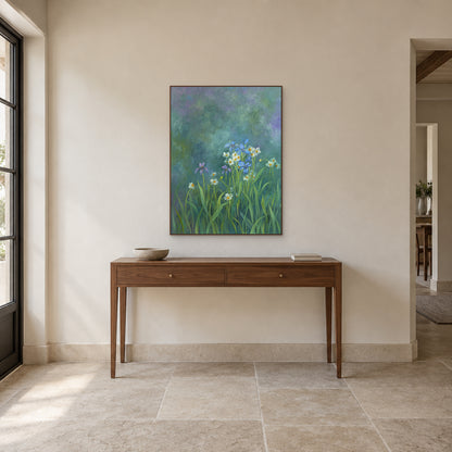 Quiet Irises in a walnut-tone floating frame above a slim wooden entryway console