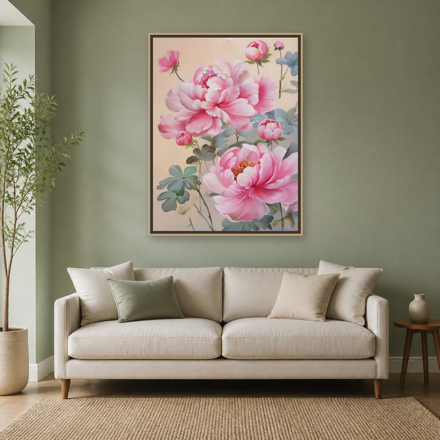 Blush Peonies in a slim champagne floating frame above an ivory sofa on a sage wall