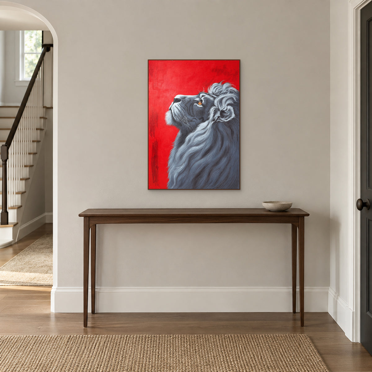 Red and grey lion portrait in a walnut-tone frame above a wooden entryway console