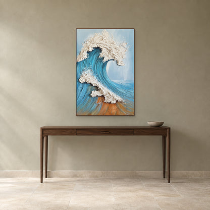 Blue wave painting in a walnut-tone floating frame above an entryway console